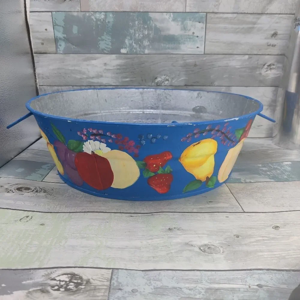 VINTAGE HAND Painted Galvanized Metal Tub Colorful Fruits on Blue